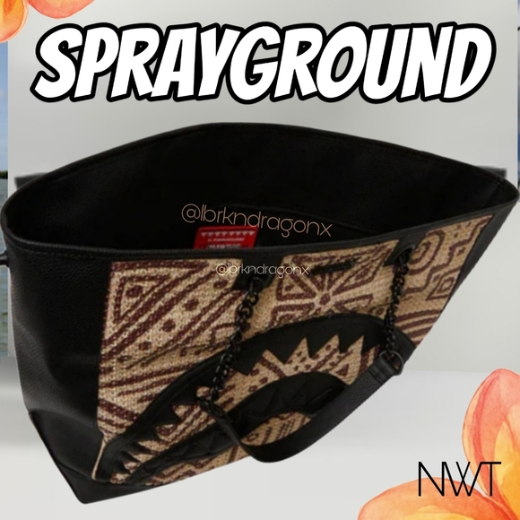 Sprayground Black Tan Raffia Tote with Gold Chain Strap Tribal RAFFIA  TOTE - Picture 11 of 14